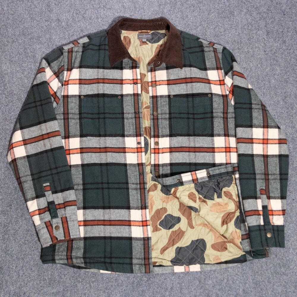 LL Bean Flannel Shirt Jacket Men’s 2XL Camo Quilt Lined Snap Button Cord Collar